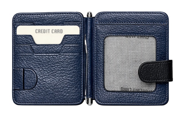 Slim leather bifold card wallet with strap closure